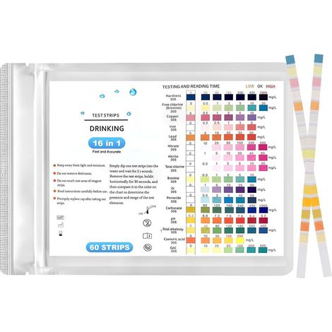 16 en 1 Bandelettes de Test d'eau Potable, 60 Tests pour eau Test de Dureté de l'eau potableAnalyse Rapide PH Métaux Lourds Nitrate Chlore Dureté pour Robinet Aquarium Piscine Puits Spa (1/5)