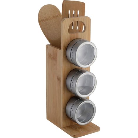axentia Portaspezie in legno di bambù con 3 dosatori in acciaio inox, organizer per condimenti, porta spezie, ca. 13 x 27,5 x 8 cm, color legno/argento (1/3)