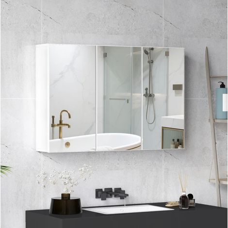 Meuble miroir de salle de bain 90x15,5x60 cm en bois blanc, avec rangement mural FLORAGRACE (1/5)
