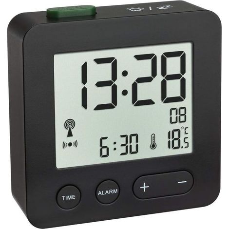 Réveil numérique, avec Horloge Radio-pilotée, fuseaux horaires réglables, réveil température et écran Lumineux, Noir (1/4)