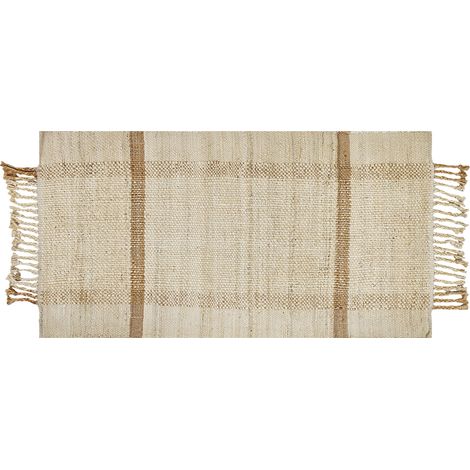 Alfombra de yute beige arena natural 80 x 150 cm a mano geométrico borlas Yelmez
