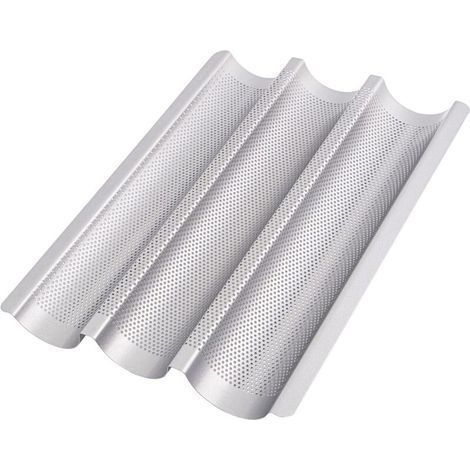 Anti-adhésif Moule à Baguette pour Four - 38,5cm x 28,5cm x 3,5cm - Plaque a Pain Perforé pour Cuisson de 3 Baguettes - Facile à Utiliser et à Nettoyer (1/5)