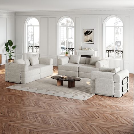 2-in-1 Schlafsofa aus Chenille mit Armlehnen-Stauraum, beige HAVRYA (1/5)