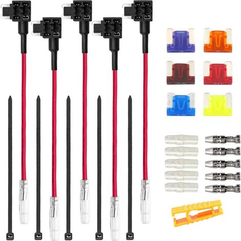 5 Pièces 12V / 24V Profil-Bas Add-a-Circuit Porte-Fusible, Porte-Fusible à Lame de Voiture avec Fil 16 AWG, 6 Pièces Fusibles à Lame Micro et Extracteur de Fusible (Borne Bout à Bout) (1/4)