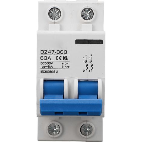 Disjoncteur DZ47-B63 63A CC, disjoncteur miniature 500 V CC bipolaire, disjoncteur de type B pour systèmes photovoltaïques, montage sur rail DIN, basse tension (1/5)