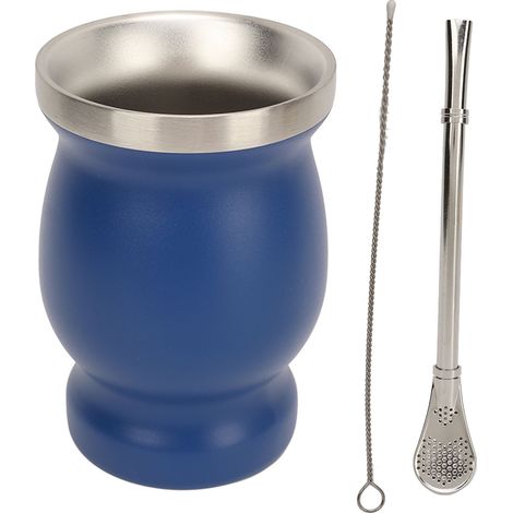 Doppelwandiger Edelstahl-Teebecher, 230 ml, mit Löffel, Strohhalm und Bürste, ideal für Kaffee, Wein, Blauschimmelkäse (1/5)