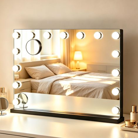 Miroir Maquillage Hollywood Lumineux Tactile 58x45CM, Température et Luminosité Variable, avec Petit Loupe Grossissante, 15 Ampoules LED, Port USB, Type-C Noir (1/5)