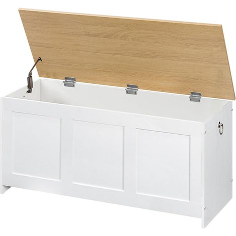 Coffre de Rangement, Coffre avec charnière de sécurité, Banc de Rangement, Coffre à Jouets avec Couvercle Rabattable, Boite Polyvalente pour Chambre, Blanc et Couleur Bois (1/5)