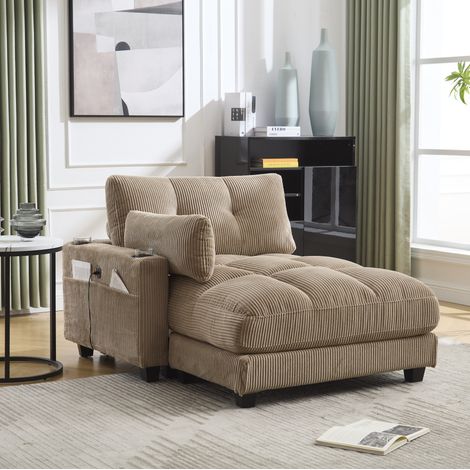 Loungesessel aus Cord in Khaki 140 x 112 x 81 cm mit USB und 3 Getränkehaltern (1/5)