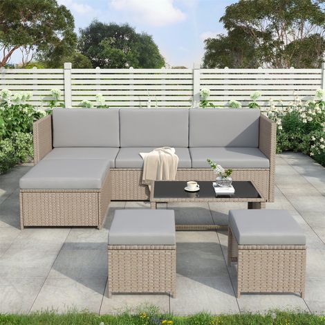 4-6 Seater Garden Lounge Set with Coffee Table & Stool - Modern Rattan Style Outdoor Sofa Set for Patio, Balcony or Garden, Khaki (1/5)