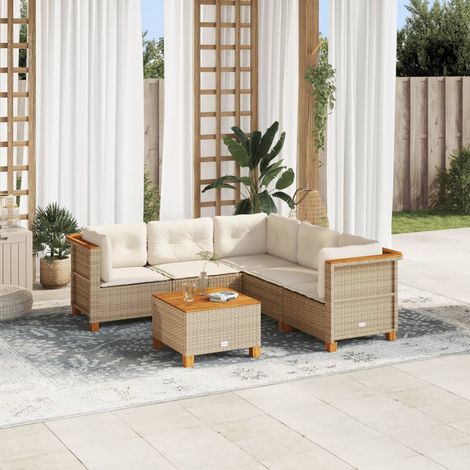 6-tlg. Garten-Sofagarnitur mit Kissen Beige Poly Rattan