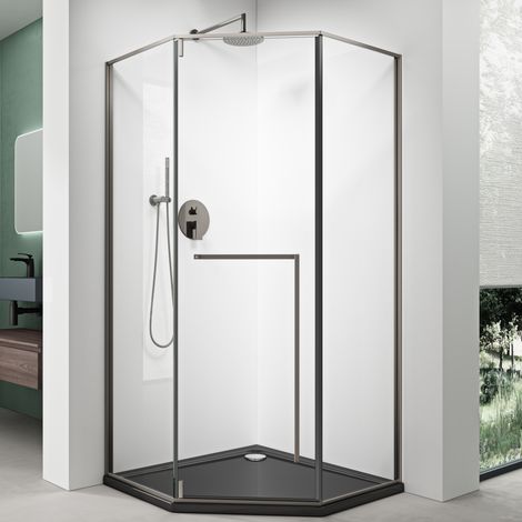 Mai & Mai Cabine de Douche Paroi de Douche Pentagonale 90x90cm Bac à Douche Noir Compris Monatge Réversible Verre Transparent de 8mm Cadre Réglable Easy Clean Ravenna68K-Plus (1/5)