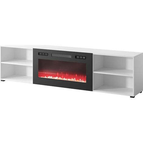 Meuble TV 200x51x33 cm blanc mat ROLLI avec cheminée intégrée noir meuble Hi-fi à susprendre ou á poser (1/4)