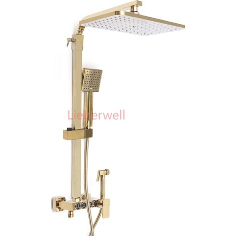 Ensemble de robinetterie de douche complet doré, avec pommeau de douche carré effet pluie, fixation murale et douchette à main (1/5)