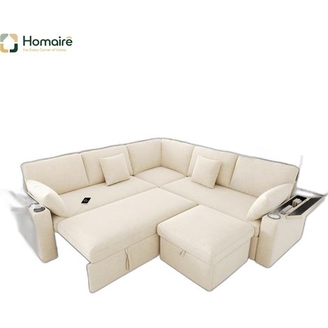 Canapé en velours beige avec méridienne réversible, rangement et port USB 204 x 204 x 83 cm HOMAIRE (1/5)