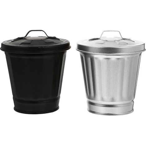 Lot de 2 mini poubelles de bureau en tôle de fer, avec couvercle.-9.5x9cm-Black (1/2)