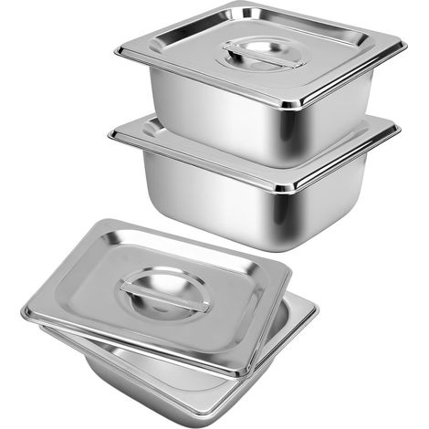 2 Pièces Bac Gastro Inox 1/6, Acier Inoxydable, Couvercle Inclus, 17,5x16,2x6,5 Cm, Pour Restaurant Buffet (1/5)