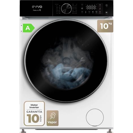 EVVO Lavadora 10 kg carga frontal Nature R10, 1400 rpm, Clase energética A, Motor Inverter, tambor diamante ePROTECT, 13 programas, Función vapor , Modo nocturno, Función Super Spa, Lavado Rápido 15',