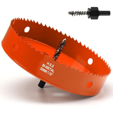 Scie cloche - 200 mm - Orange - Acier rapide HSS M42 bi-métal - Scie cloche avec tige hexagonale et foret avec profondeur de coupe de 35 mm - Pour bois, construction sèche et tôle métallique (1/5)