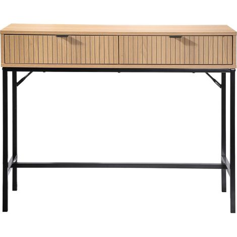 Calicosy – Console 2 tiroirs effet bois rainuré L100 x P35 x H81 cm – Structure métal noir – Style industriel moderne pour entrée et salon (1/5)