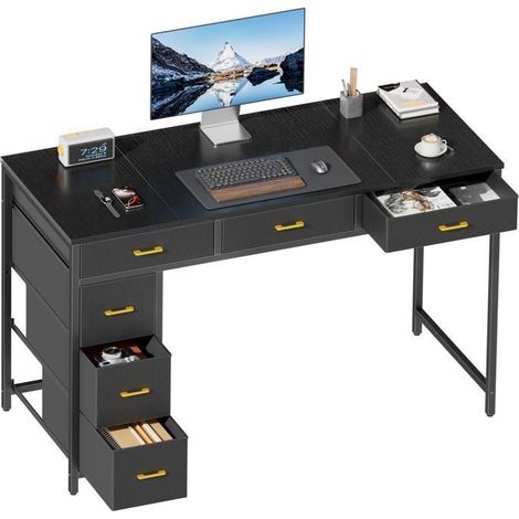 EcoFurnix Bureau gaming 6 fabric drawers 120 x 50 cm – Space-saving computer table for office, bedroom or living room – Black
