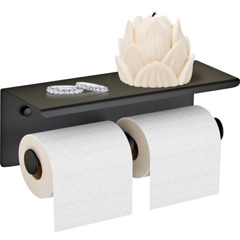 Porte-papier toilette double pour smartphone avec étagère noire en acier inoxydable SUS 304 à double tête pour salle de bain Étagère de rangement murale en tissu (noir) (1/5)