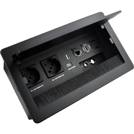 Prise de table, multiprise en aluminium encastrable pour table, 2 prises Schuko, 1 chargeur USB-A+C (PD 65W), 1 CAT6, 1 HDMI, 1 USB-C, 1 câble d'alimentation de 1,7m, 4 trous pour câbles, prise (1/5)