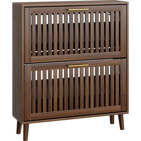 Meuble à Chaussures Étroit avec Tiroirs Basculants à Lamelles, Rangement Chaussures 8-16 Paires avec Étagères Réglables, Finition Noyer pour Entrée et Couloir, 80x24x93 cm (1/5)
