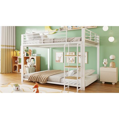 Lit superposé enfant 140 x 200 cm avec escalier à larges marches en bois, garde-corps haut et sommier à lattes, métal, blanc (1/5)
