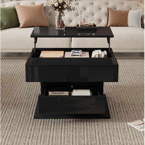 Mesa de centro elevable y giratoria 70x70x45 cm, con almacenaje oculto y cajón, tablero brillo, aglomerado negro (1/5)
