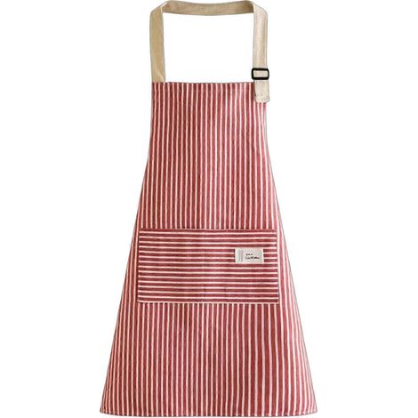Tablier à bavette ajustable avec grande poche plaquée, en coton et lin rayé, respirant et résistant à l'huile, convenant aux hommes et aux femmes. (1/5)
