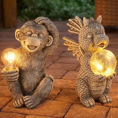 Lampe solaire dragon boule décoration jardin animal gris sculpture singe lampe solaire, plastique, LED blanc chaud, lot de 2