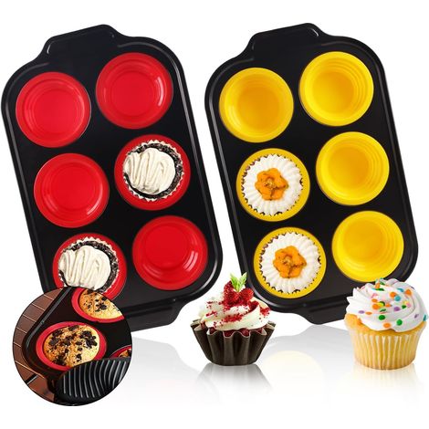 Stampo per muffin, 2 mini stampi in silicone e acciaio al carbonio, per 12 muffin, stampo antiaderente, per cupcake di carta, (rosso e giallo) (1/5)