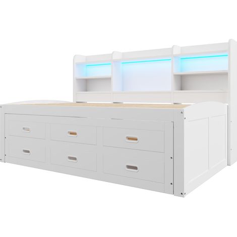Canapé-lit, lit de jour, lit de repos, 90 x 200 cm, avec lumières LED, 3 tiroirs, tablette de chevet, lit escamotable multifonctionnel avec USB + Type-C, sans matelas, blanc (1/5)