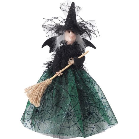 Poupée Sorcière Halloween en Jupe de Gaz avec Balai, Décoration de Bureau Verte pour Accessoires de Fête (1/5)