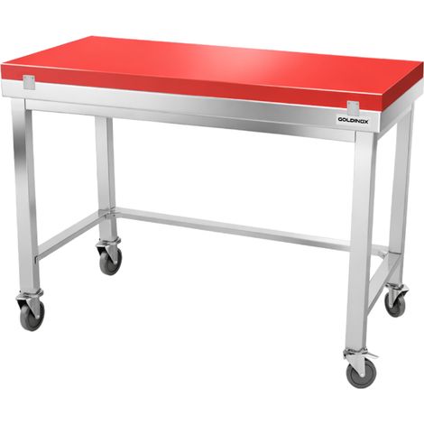 Table de travail en inox 1600x800 mm avec plaque de découpe rouge et renfort sur roulettes PREMIUM - GOLDINOX (1/4)
