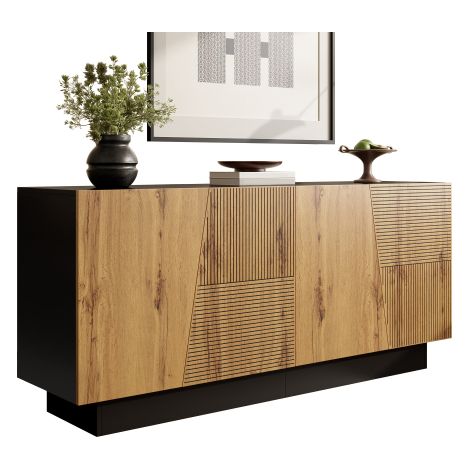 Buffet à 3 portes décor rainuré couleur chêne et noir dimensions 160×40×72cm avec étagère modulable pour salon et salle à manger
