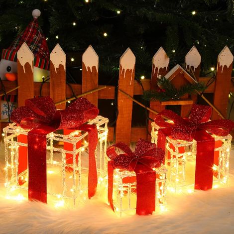 Boîtes à Cadeaux Lumineuses de Noël, 215 LEDs Décoration Intérieur Lumière, Lot de 3 Boîtes Lumineuses Métal Acrylique Décoration Coli Éclairage de Noël Intérieur/Extérieur Déco Lumière (1/5)