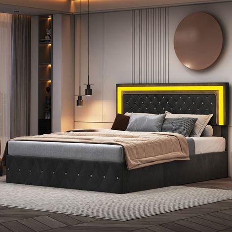 LED-Bett - Schwarz - 160 x 200 cm - Kopfteil aus Samt - Stauraum unter dem Bett
