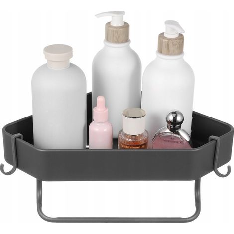 Un set di mensole angolari in alluminio per il bagno, ideali per riporre shampoo e asciugamani.