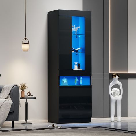 Vetrina 50x40x180cm Finitura lucida MDF assemblaggio facile LED USB senza spina nero, mobili per soggiorno (1/5)