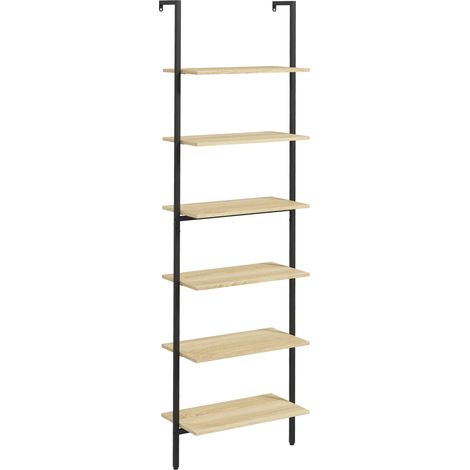 Beyamis Wandregalleiter im Industriestil mit 6 Ablagen, schwarzer Stahl in Holzoptik. Maße: 60 cm lang x 30 cm breit x 206 cm hoch