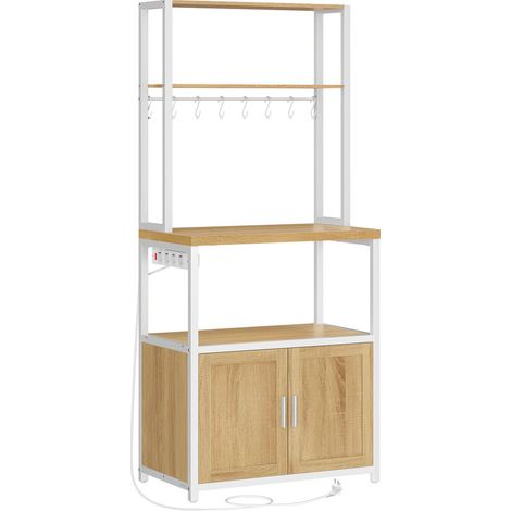 Vasagle – Étagère de cuisine avec multiprise – Plan de travail 90 cm – Support micro-ondes avec 8 crochets – 40 x 60 x 170 cm – Doré chêne et blanc mat