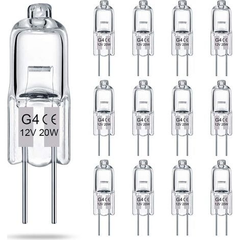 Halogenampullen G4 (12er-Packung) – Transparent, mit zwei Broschen, 12 V, 20 W, Typ JC T3, variable Intensität, weißes Licht bei 2700 K (1/5)