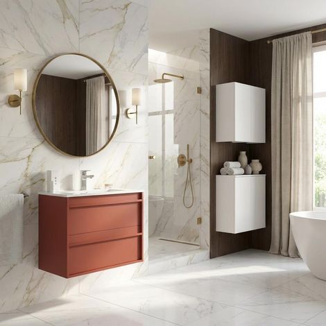 Mobile Bagno Sospeso 60 cm con Lavabo in Ceramica e 2 Cassetti Rosso Satinato – Urban
