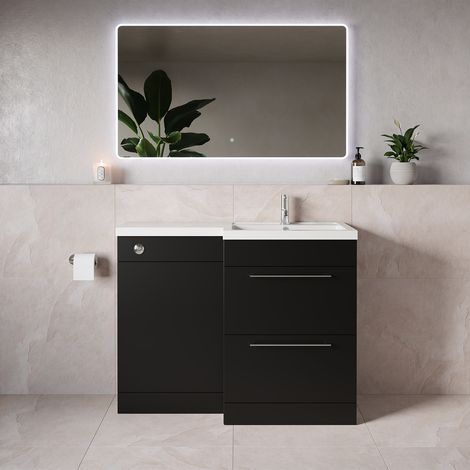 Napoli 390 Matt Black 1100mm 2 Drawer Vanity Unit Toilet Suite with Square Right Hand Lucia Basin - 1100mm - Chrome 320mm HandleWithout Kingston Toilet Pan