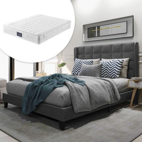 Lit combiné 140x200cm lit double, tête de lit & structure tapissées lin gris, sommier lattes inclus, matelas ressorts mi-ferme (avec matelas) (1/5)
