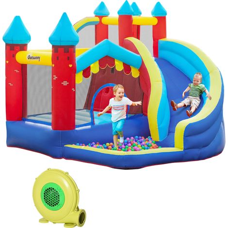 Outsunny Kids Bouncy Castle, with Slide, Pool, Trampoline, Climbing Wall, Blower (1/5)