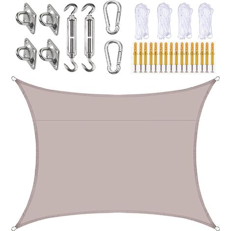 Rectangular shade sail 200 x 200 cm with ropes and accessories, waterproof and UV resistant, for garden, terrace, carport (khaki) (1/5)
