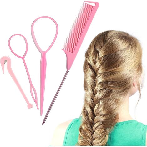 HOXILEELEO - Outil de coiffure 4 pièces : outil à tresser et à boucler les cheveux, peigne à queue de rat, coupe-élastiques, accessoires de coiffure rapides. (1/4)